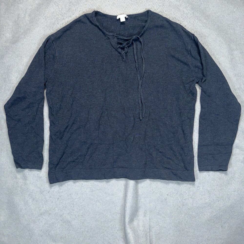 J. Jill Tie Neck V-Neck Blue Long Sleeve Pull Over Knit Top Size Large